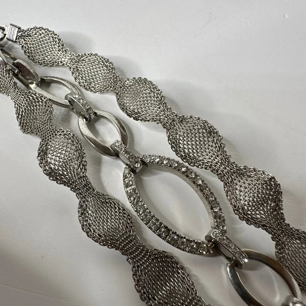 Layered Silver Tone Mesh Bracelet Multi‎ Strand Rhinestone Oval Statement Event
